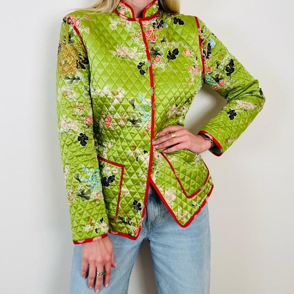 Vintage Anne Carson quilted 100% silk floral boho jacket green - Picture 4 of 9